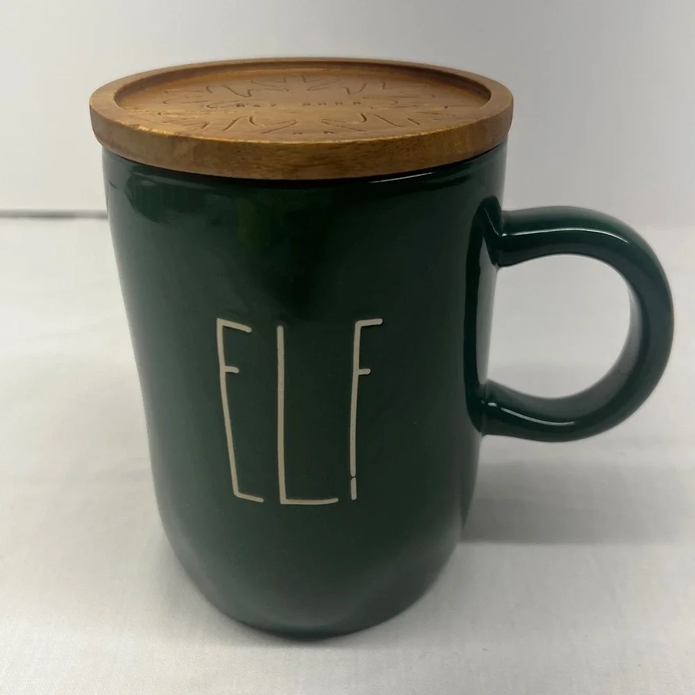 RAE DUNN Green Ceramic Christmas‎ ELF Mug & Wooden Topper Coaster Magenta NEW